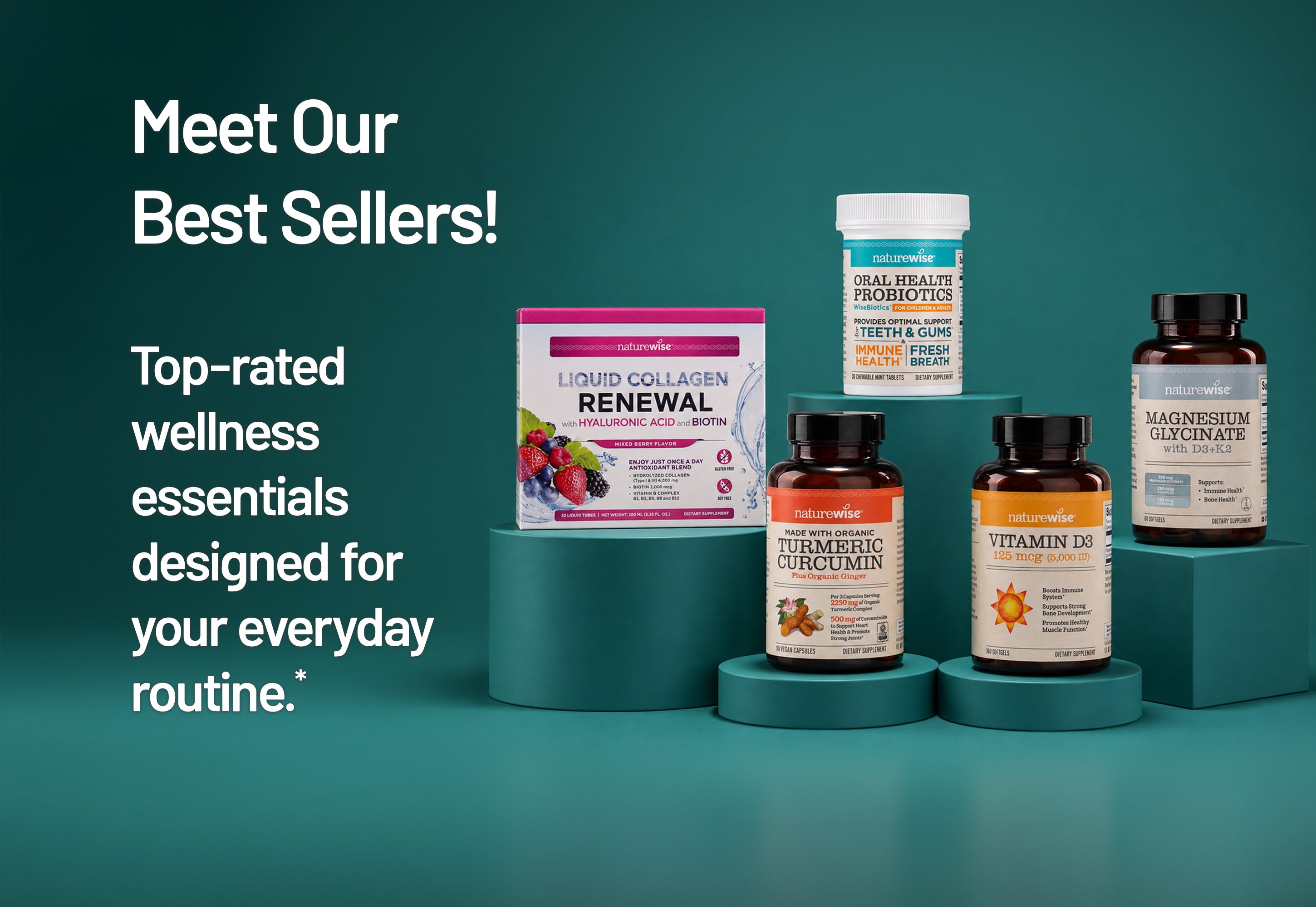 A promotional product display featuring several supplement bottles and a carton arranged on teal pedestals against a teal background, with large marketing text on the left reading 'Meet Our Best Sellers!'. Visible products include Liquid Collagen Renewal, Turmeric Curcumin, Vitamin D3, and Magnesium Glycinate.