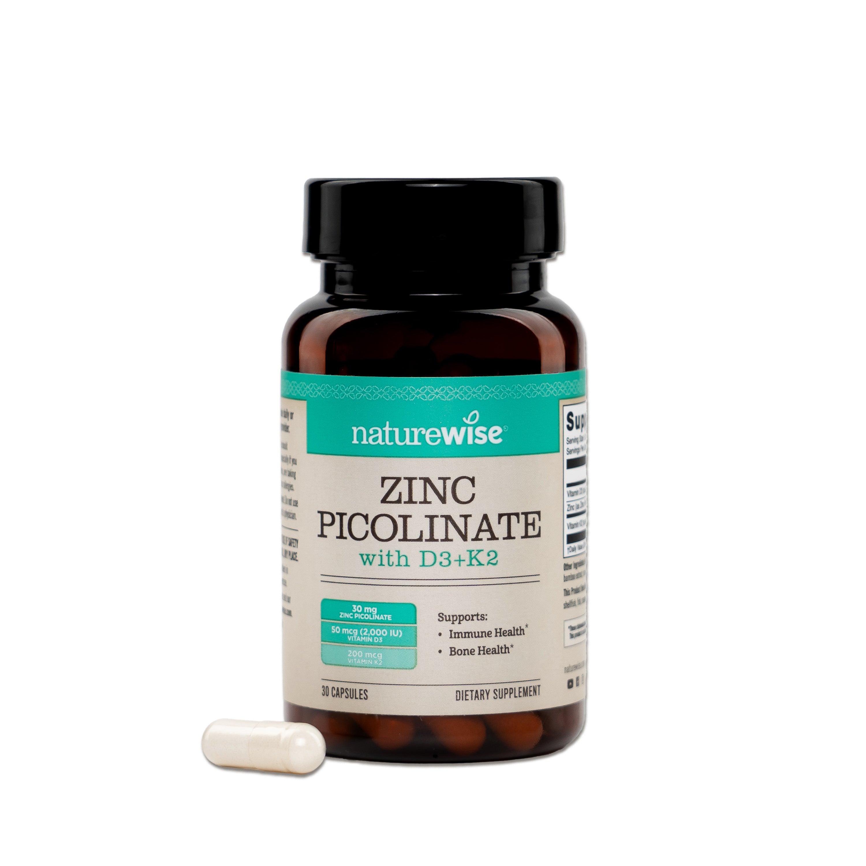 Naturewise Zinc Picolinate - a Zinc D3 K2 supplement bottle with a white background