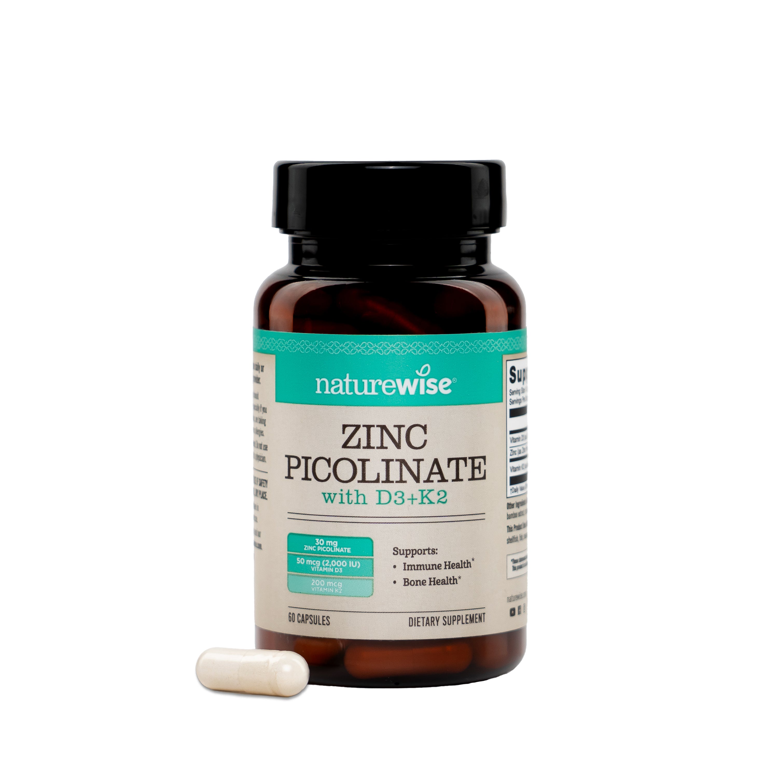 Naturewise Zinc Picolinate with D3+K2 supplement bottle on a white background