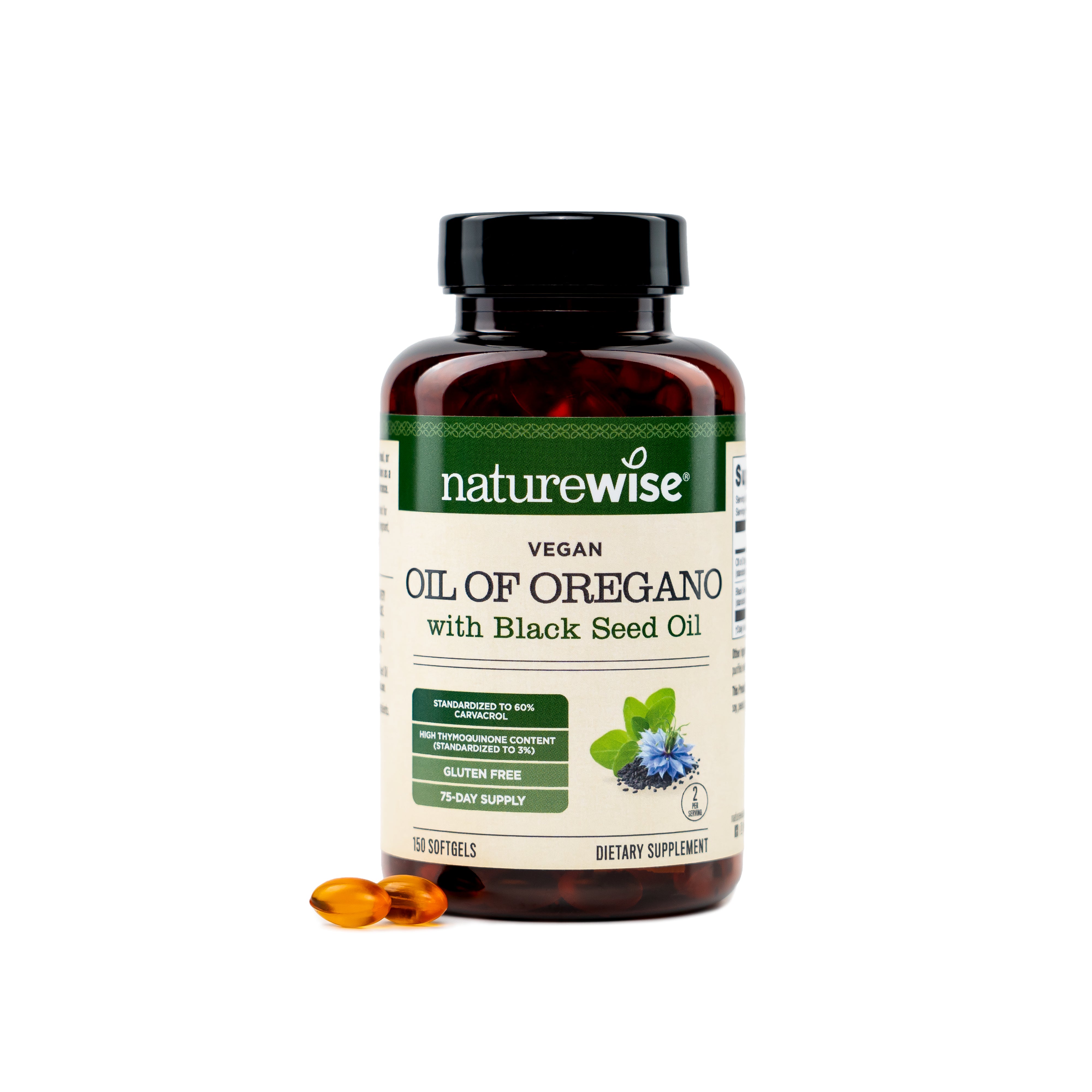 Naturewise Vegan Oil of Oregano with Black Seed Oil supplement bottle on a white background