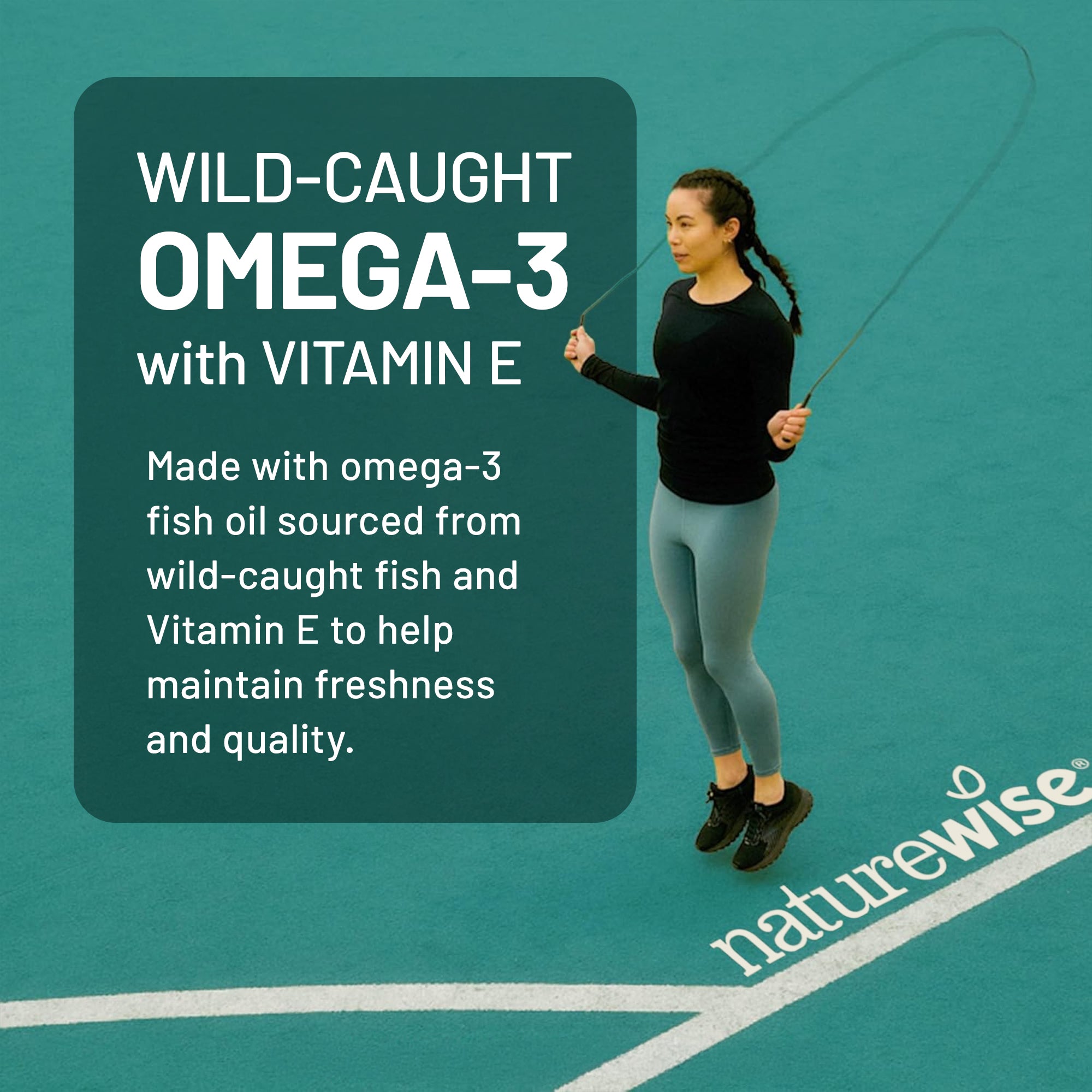 Woman exercising with a jump rope on a teal background, featuring text about wild-caught omega-3 and Vitamin E.