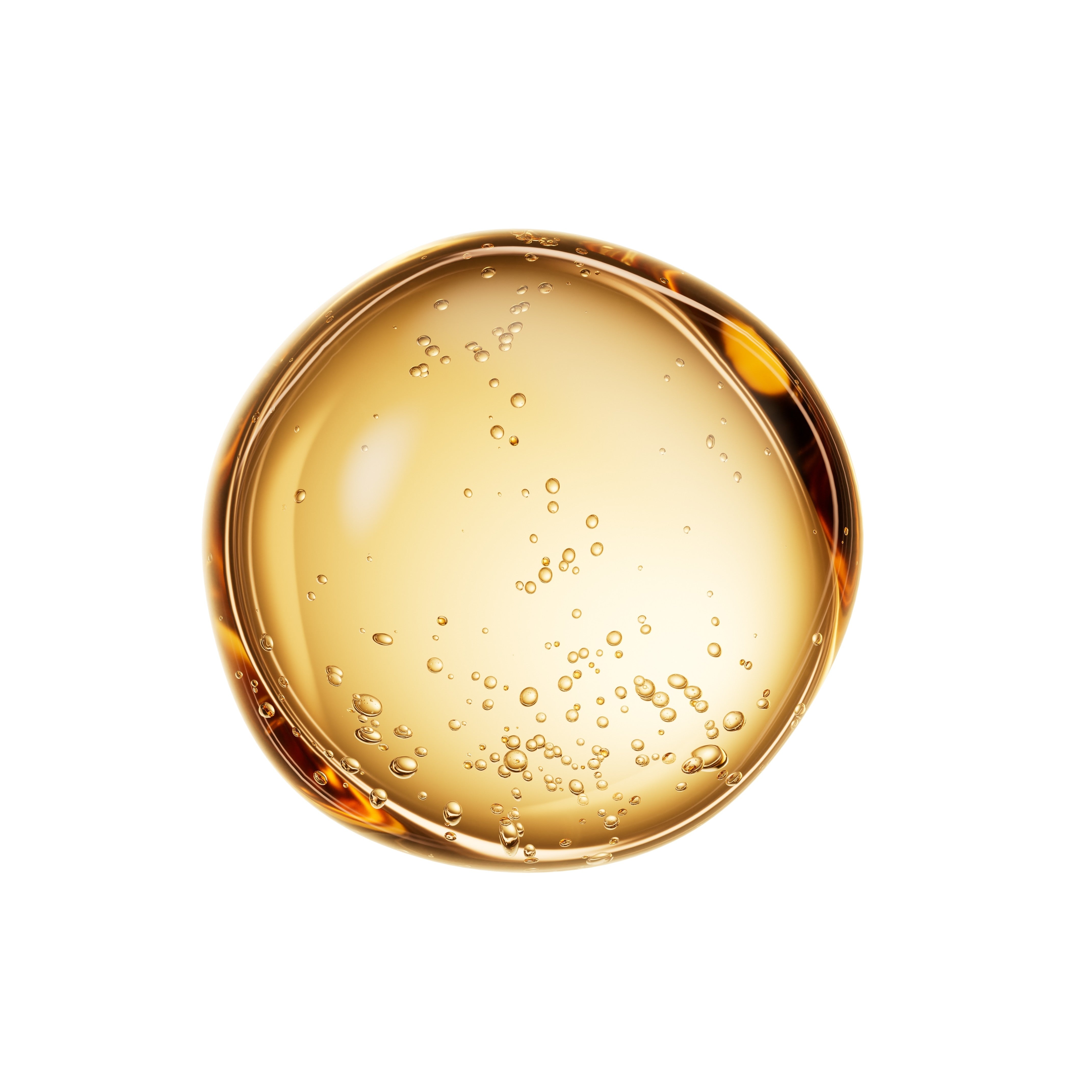 A single droplet of golden-yellow liquid, resembling Vitamin D Sun Pine, with visible bubbles trapped inside, isolated on a solid white background.