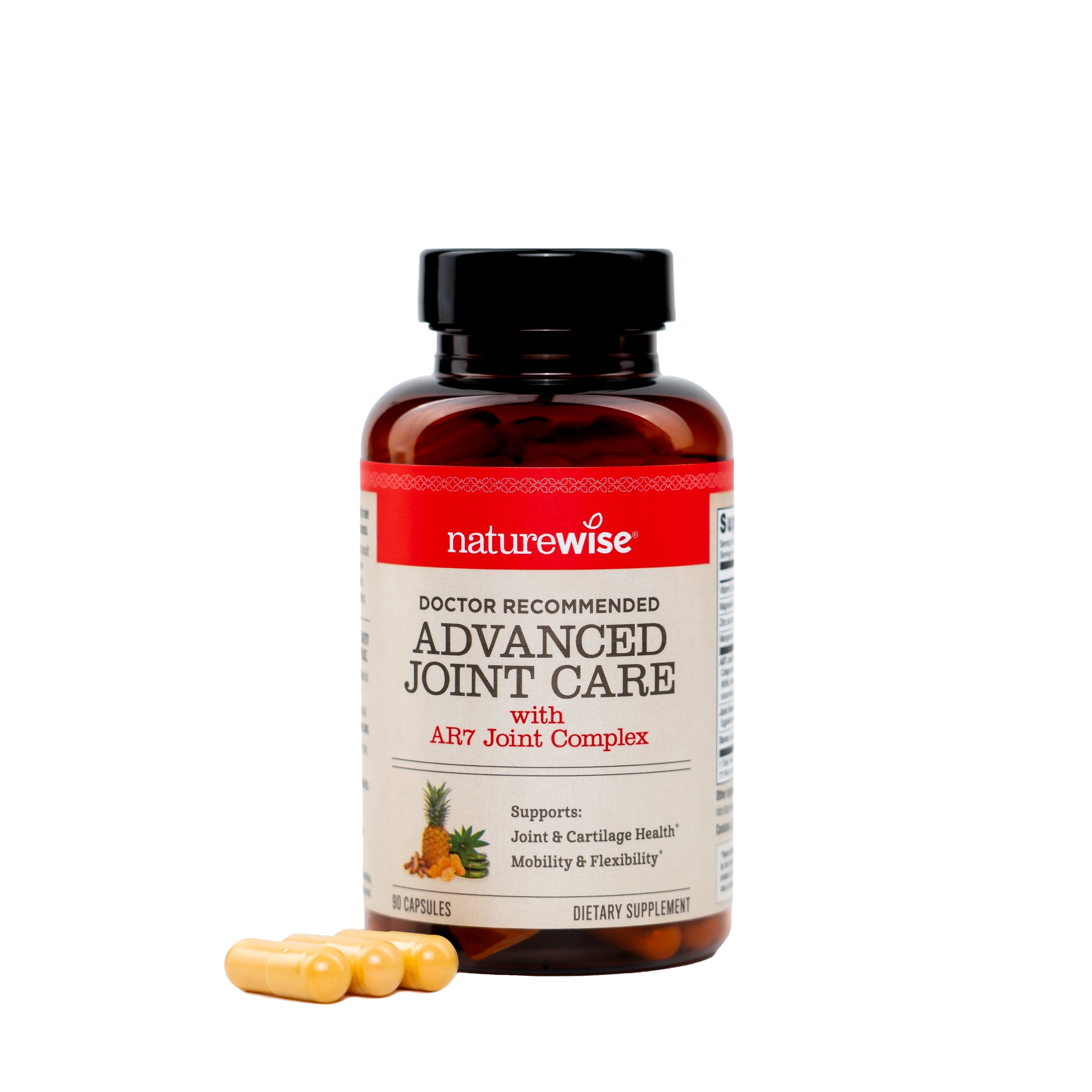 NatureWise Advanced Joint Care supplement bottle with pills on a white background