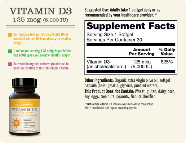 Vitamin D3 5,000 IU - 125mcg 30 Softgels Sup Facts 
