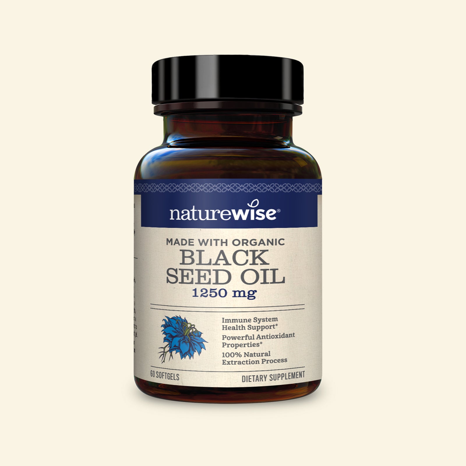 Black Seed Oil - 1250 mg on light background 