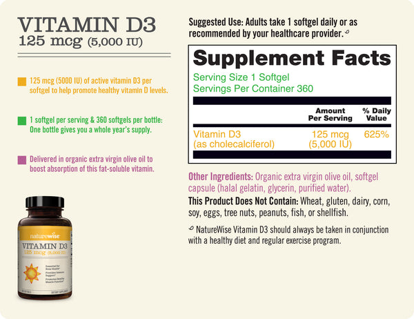 Vitamin D3 5,000 IU - 125mcg, 360 Softgels