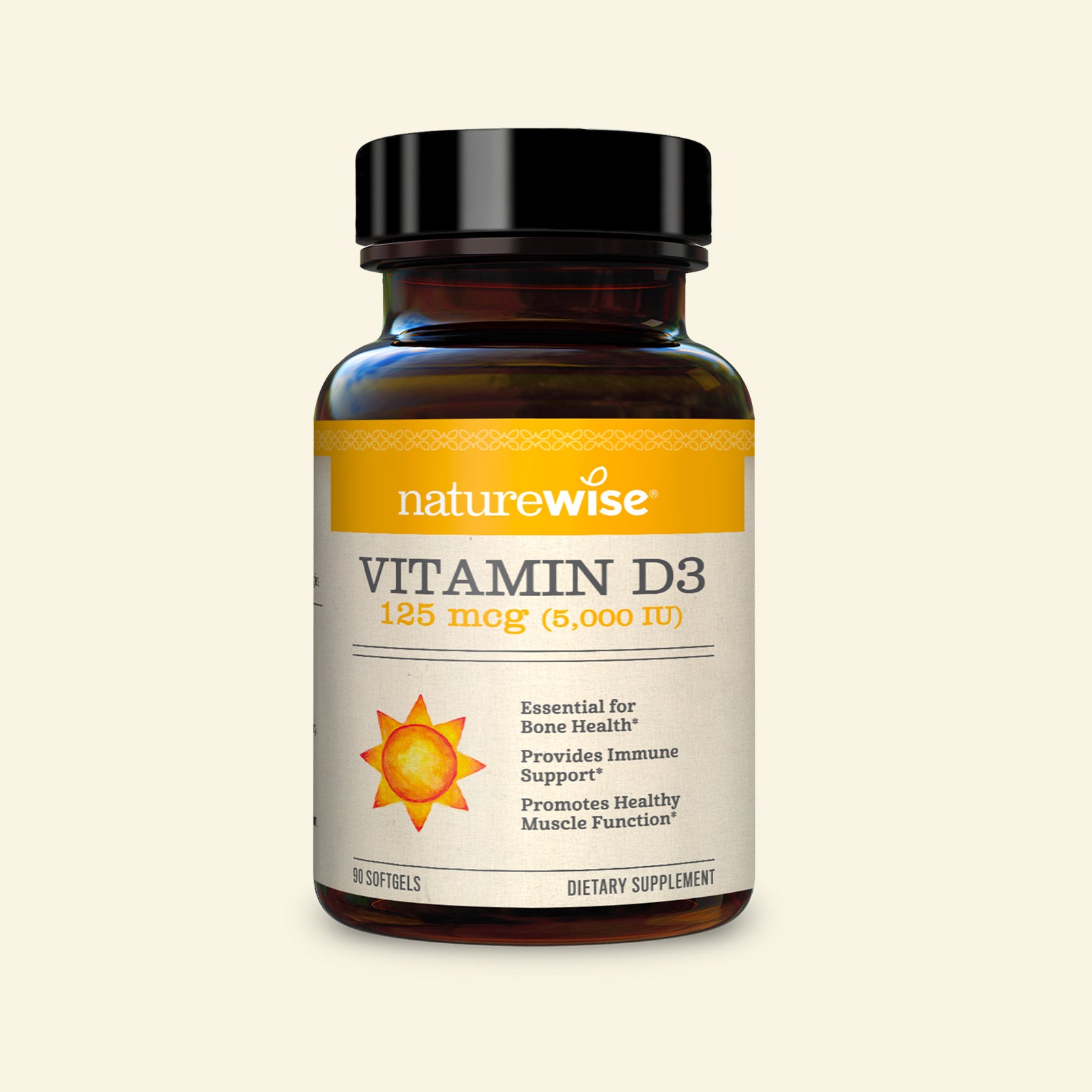 Vitamin D3 5,000 IU - 125mcg 90 Softgels on light background 